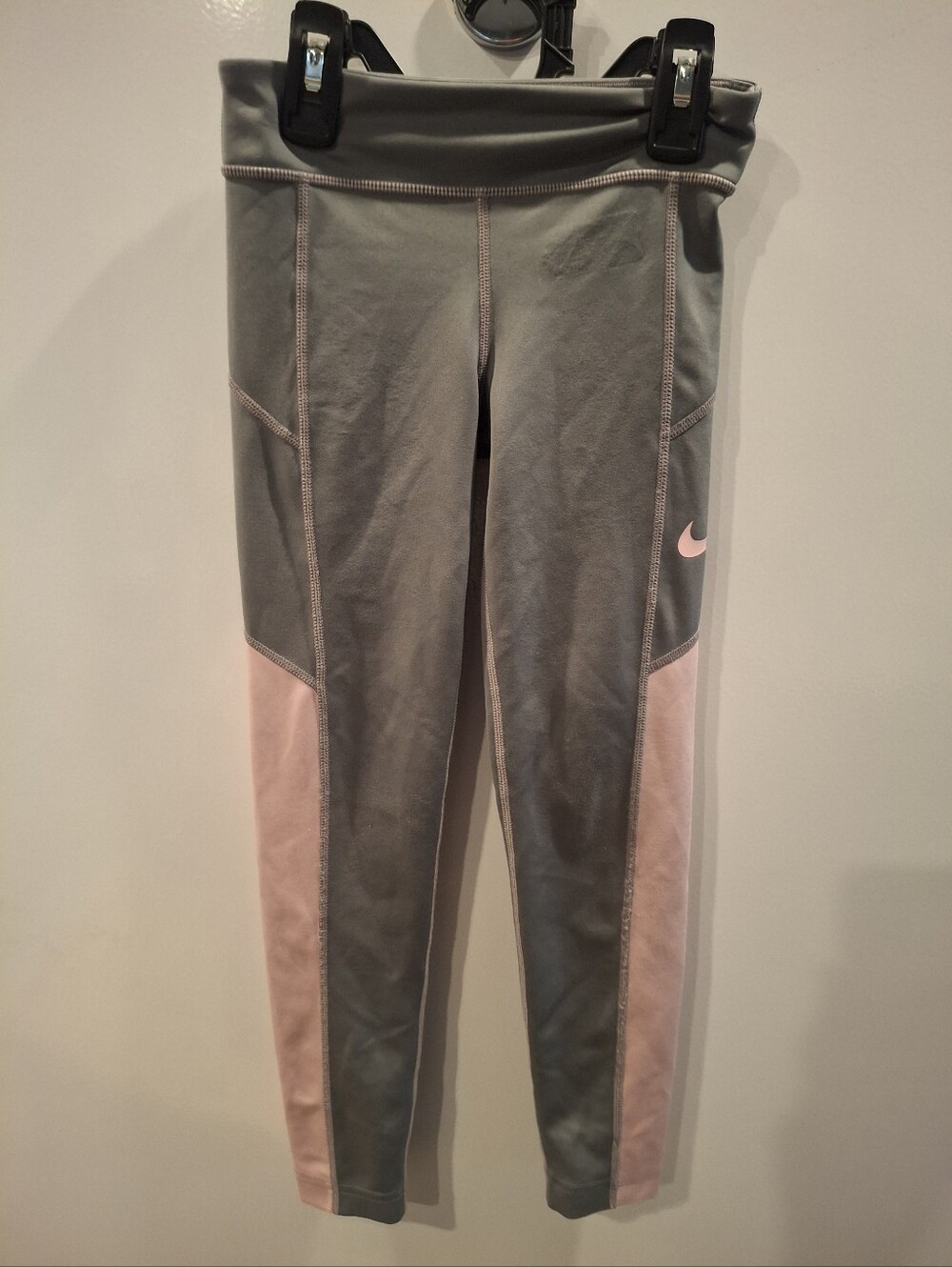 Nike Girls Gray Leggings with Pink Panels